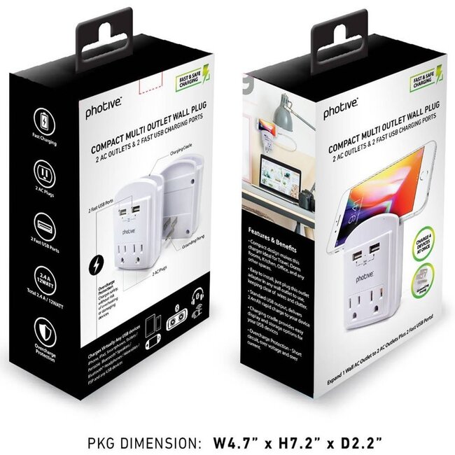 Photive Photive Compact USB Wall Plug w/Phone Holder - 2 AC Outlets + 2 USB -5v 2.4A