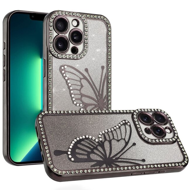 For Apple For Apple iPhone 13 Pro Max Electroplated Butterfly With Diamonds Glitter Shimmer Hybrid Case