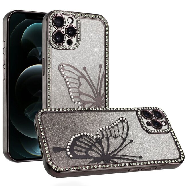 For Apple For Apple iPhone 12 Pro Max 6.7 Electroplated Butterfly With Diamonds Glitter Shimmer Hybrid Case
