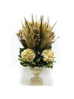Bougainvillea Bougainvillea Wooden Weathered Ribbed Urn-Grass Plumes Natural & Hydrangea Ivory