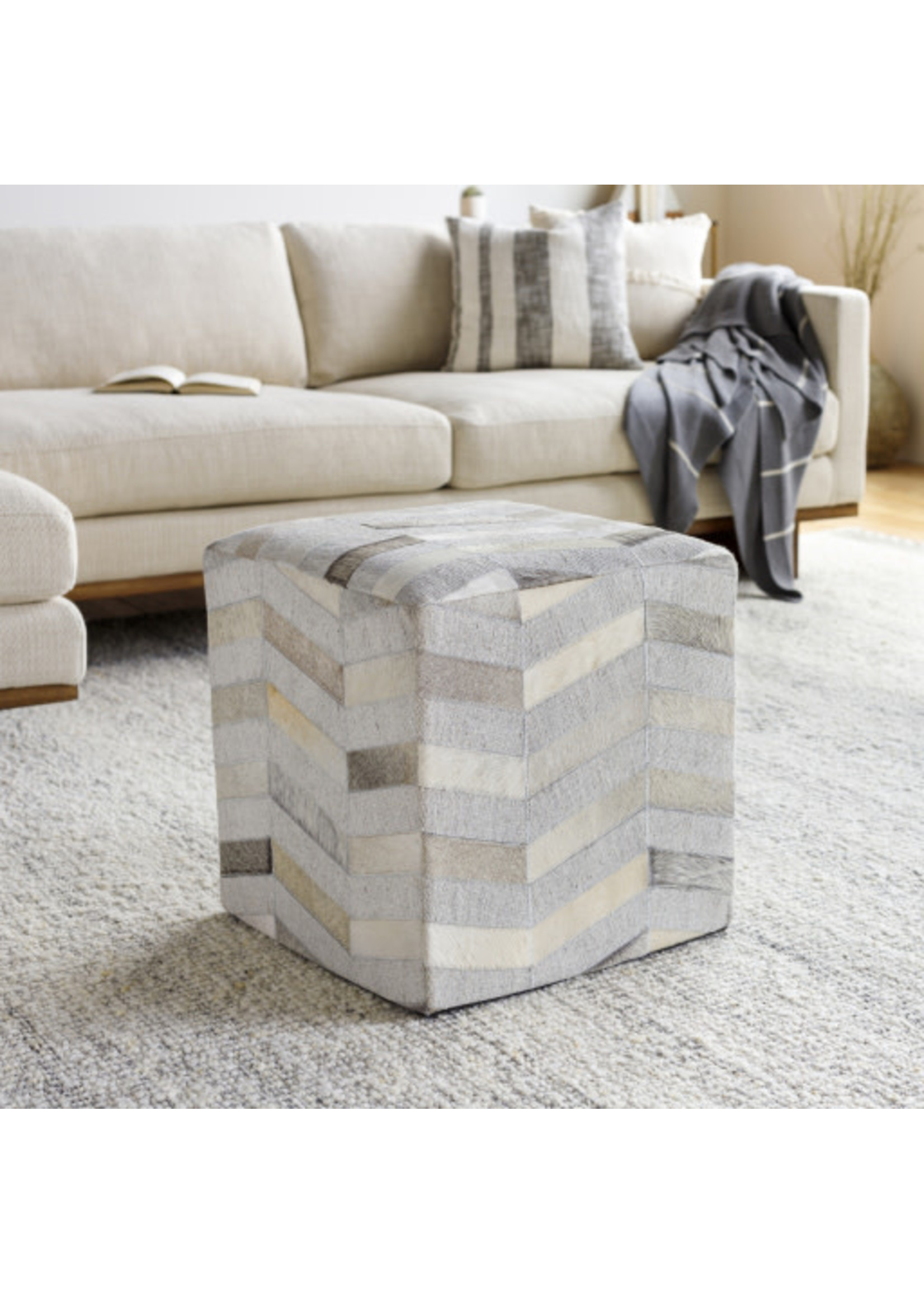 Surya Surya Medora Stool, Gray, Hide and Fabric