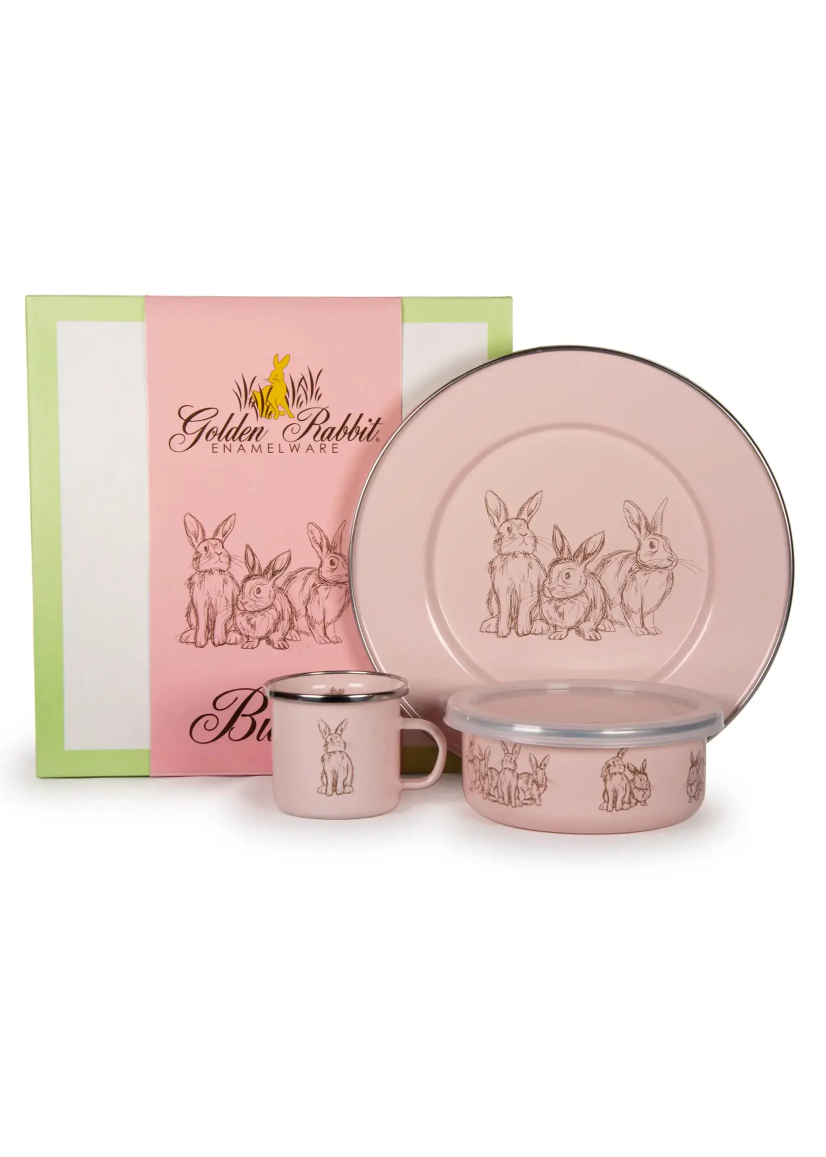 Golden Rabbit Pink Bunnies Enamelware Set