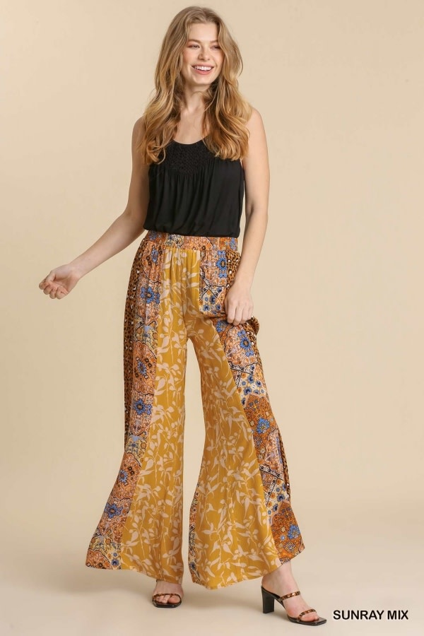 Mixed Print Flare Pants with Pockets 