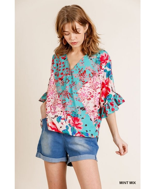 Floral Animal Mixed Print Ruffle Sleeve 