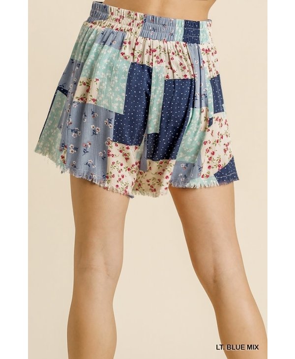 Floral Patchwork Elastic Waistband Shorts