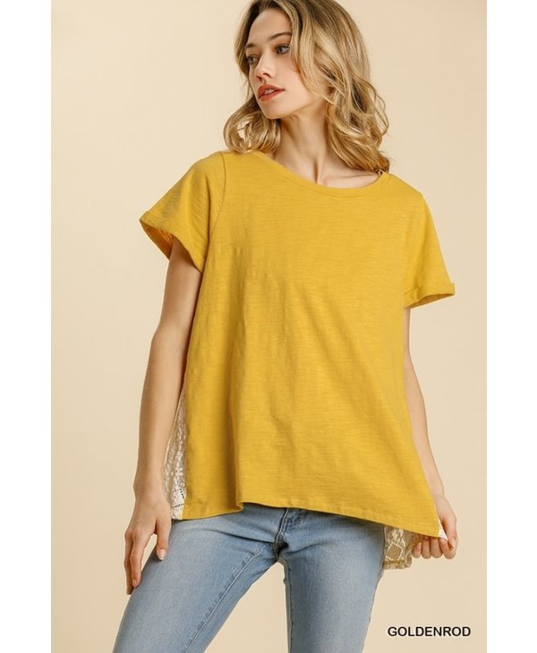 Lace Detail Round Neck Short Folded Sleeve Top