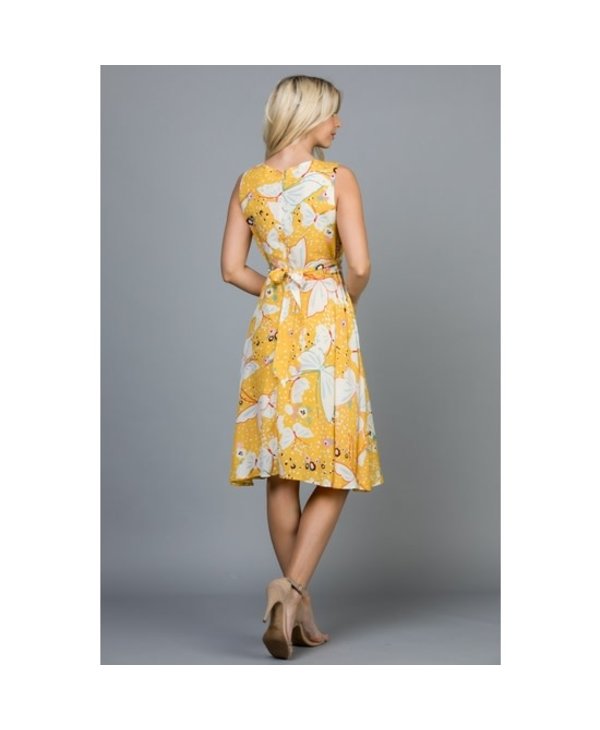 Yellow Butterfly Midi Dress with Tie Back