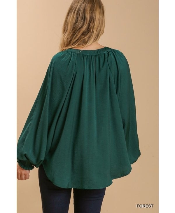 Washed Satin Long Puff Sleeve Top