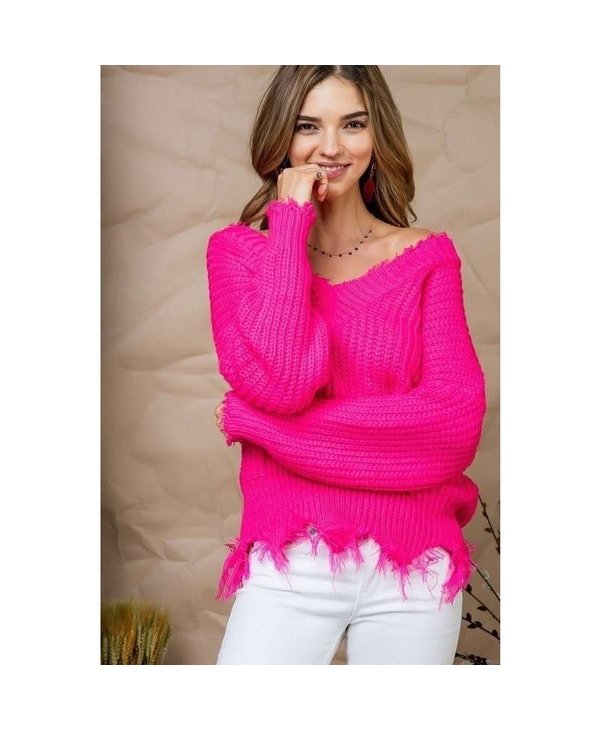 Main Strip Fuchsia Frayed V Neck Sweate