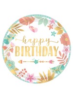 Boho Birthday Girl Round Metallic Plates, 7Inch 8Ct