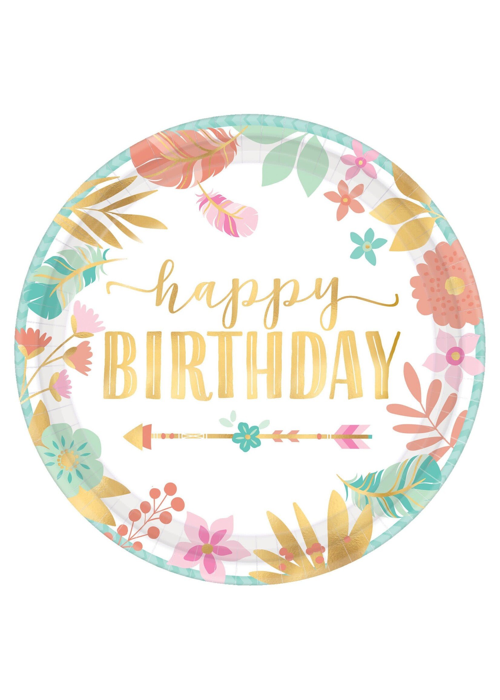 Boho Birthday Girl Round Metallic Plates, 7Inch 8Ct