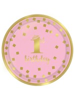 1st Birthday Girl Metallic Round Plates, 7Inch 8Ct