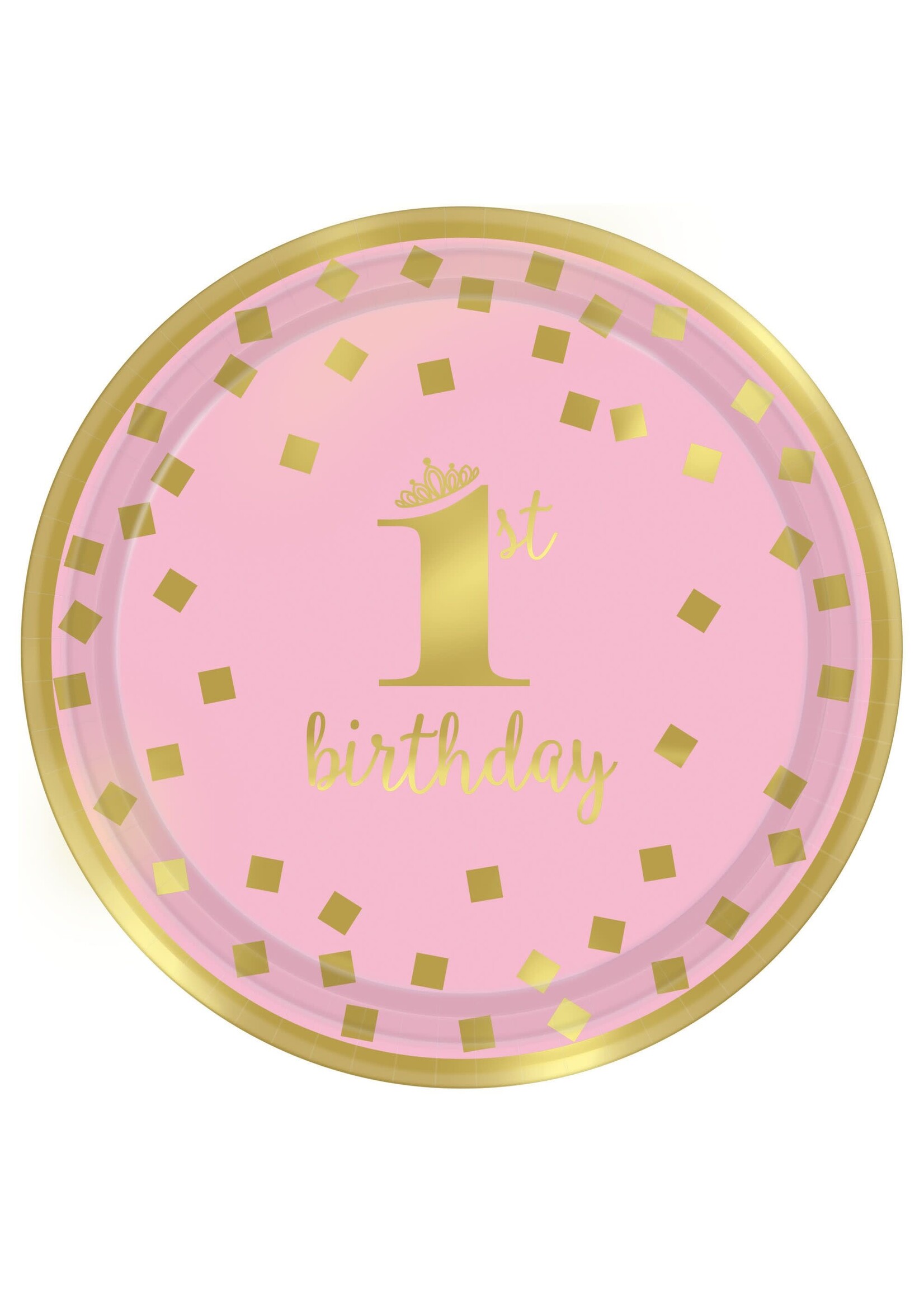 1st Birthday Girl Metallic Round Plates, 7Inch 8Ct