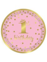 1st Birthday Girl Metallic Round Plates, 9Inch 8Ct