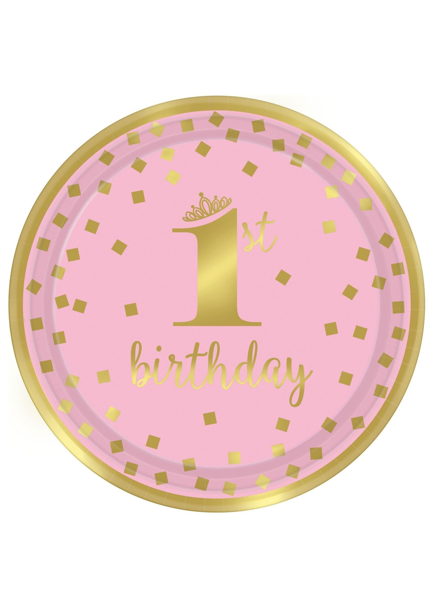 1st Birthday Girl Metallic Round Plates, 9Inch 8Ct