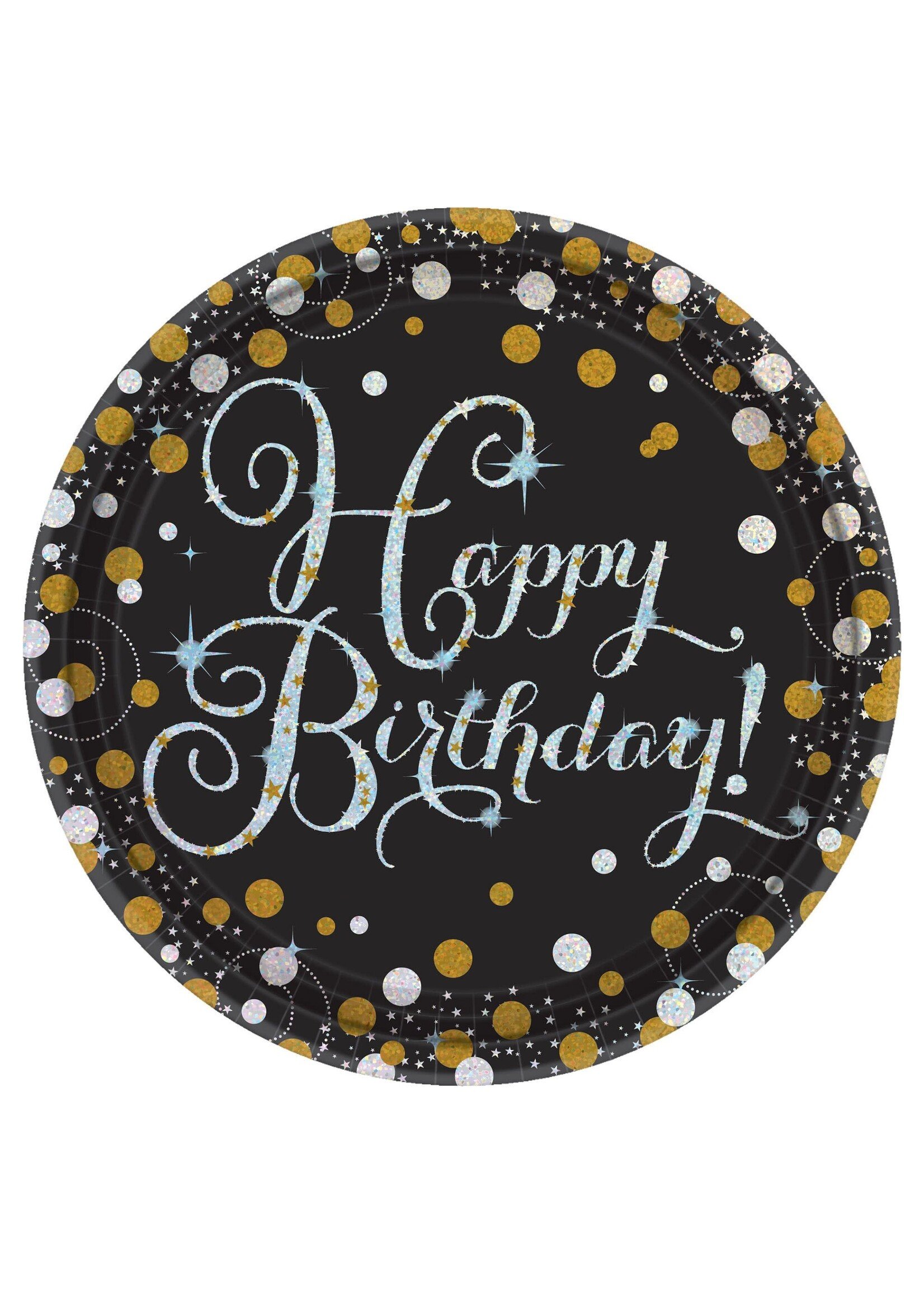 Sparkling Celebration Round Prismatic Plates, 9", Happy Birthday