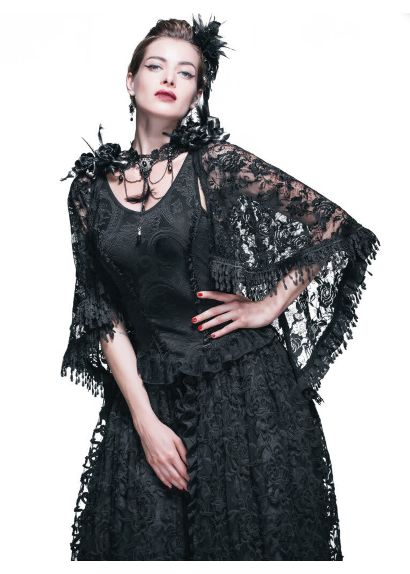 Gothic Lace Cape Flowers and Feathers