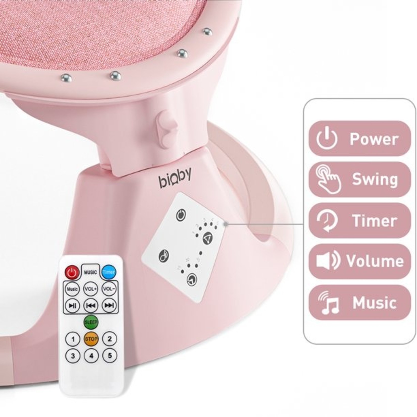 Bioby Baby Swing, Remote Control Baby Bouncer with 5-Speeds for Infants - Pink/Polka Dots