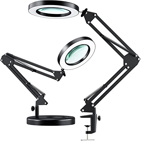 【Upgraded】 5X LED Magnifying Lamp, Hitti 1,800 Lumens Stepless Dimmable, 3 Color Modes, 8-Diopter 4.2′′ Real Glass Lens Magnifier Desk Lamp