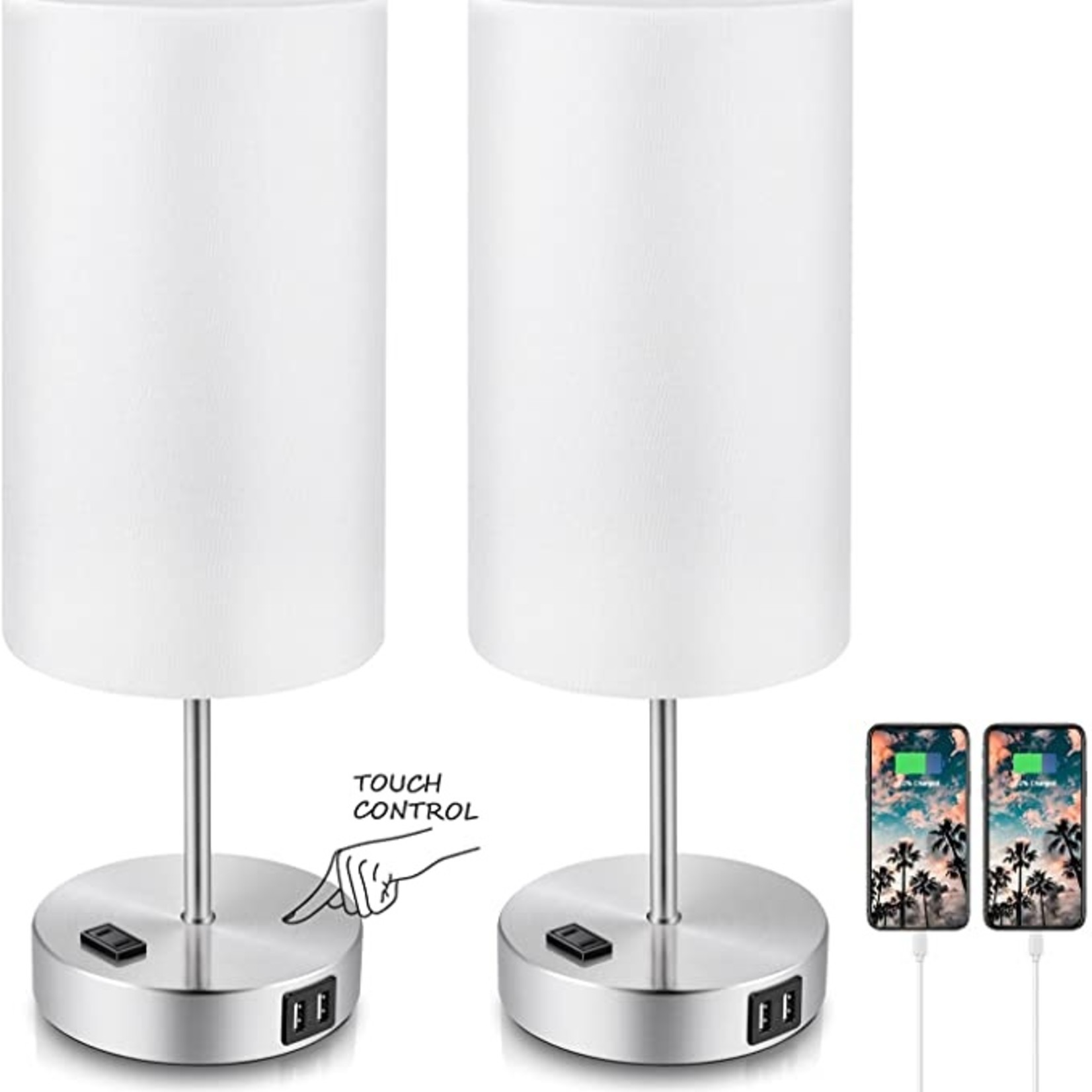 Touch Control Table Lamps w/ USB Charging - White