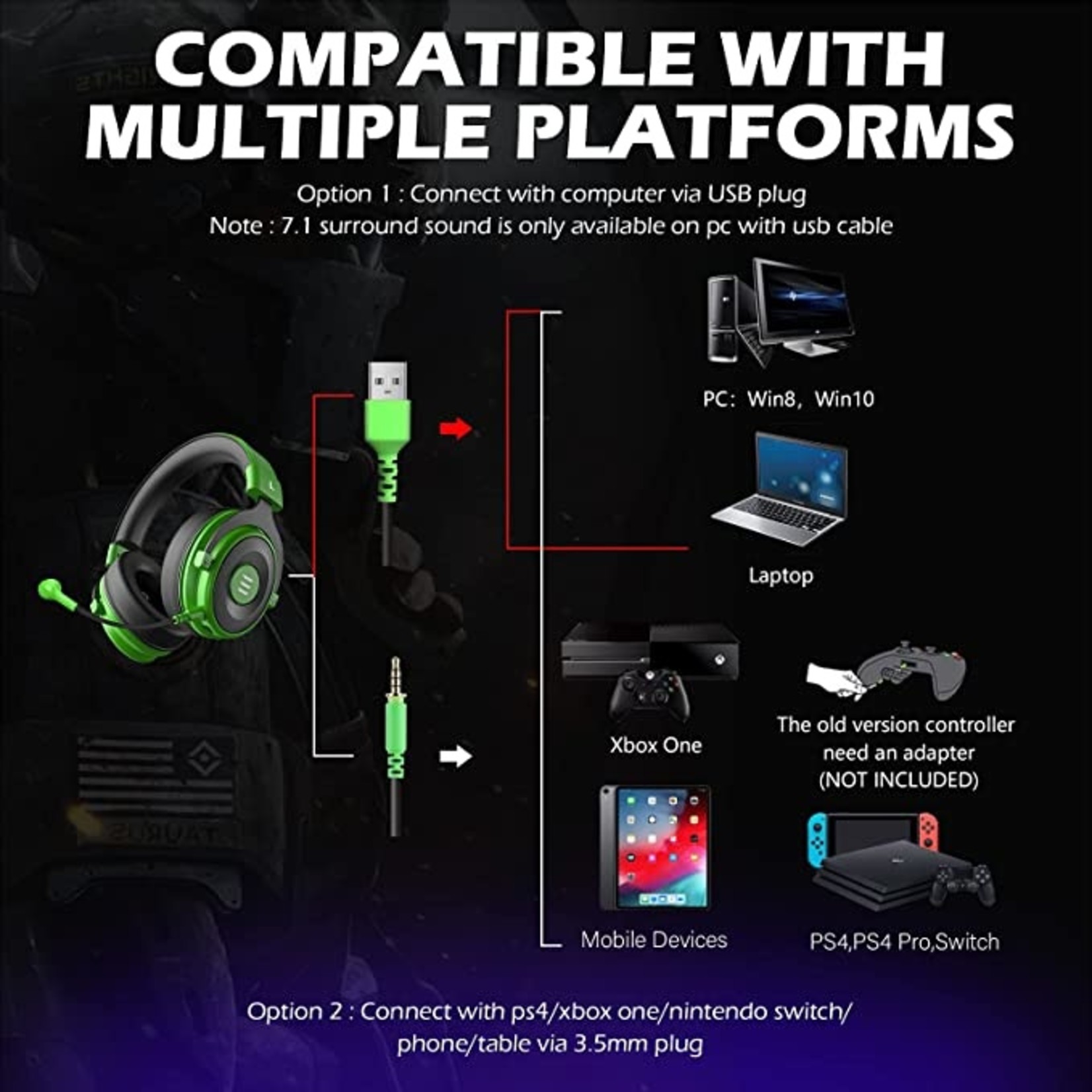 EKSA E900 Pro PS4, PS5, XBOX, PC, Laptop Gaming Headset - Green