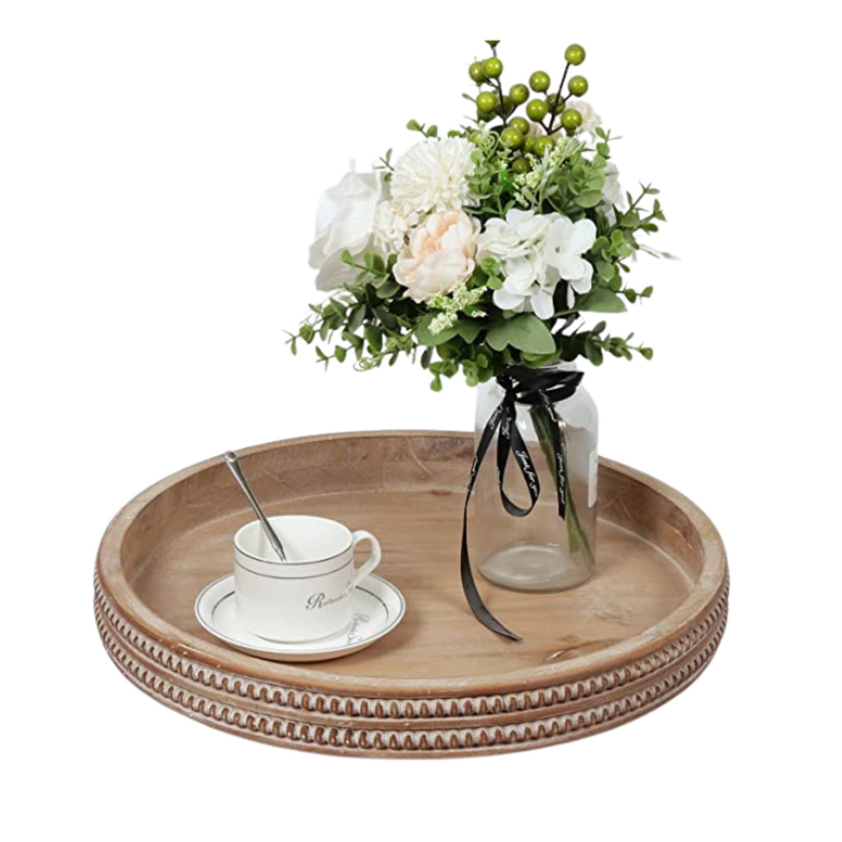 Carah and Cossh Round Wooden Beaded Trim Serving Tray