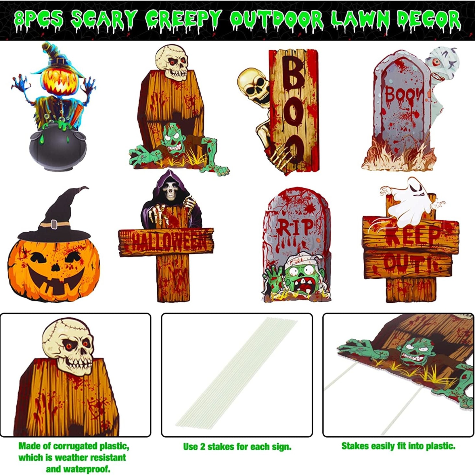 FunsLane Halloween Cartoon Yard Signs 8PC Set