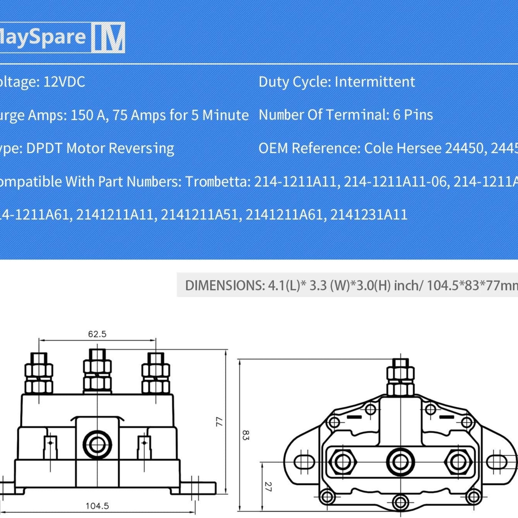 Mayspare Winch Motor Reversing Solenoid Switch