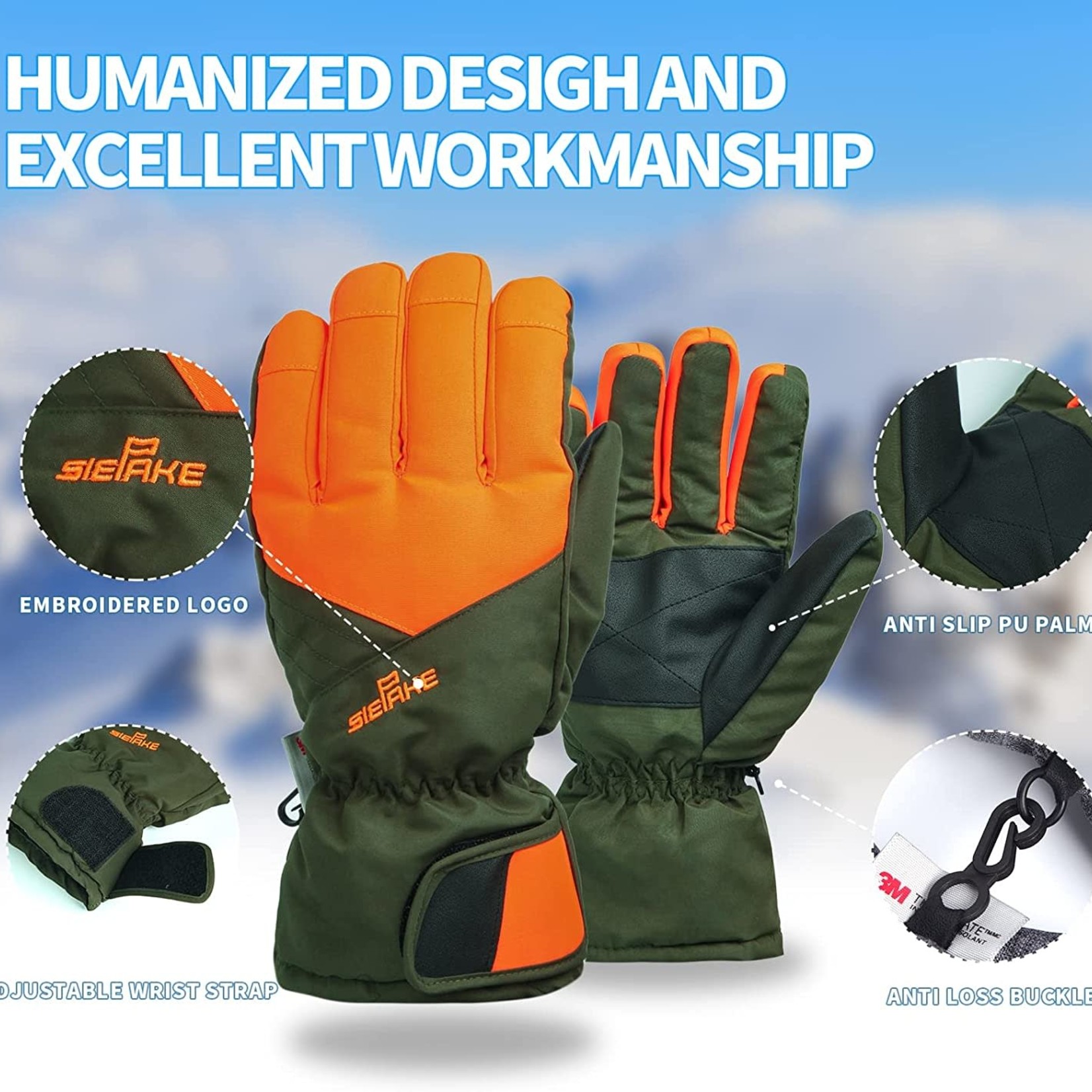SiePake Ski Gloves-Men's XL (Orange/Green)