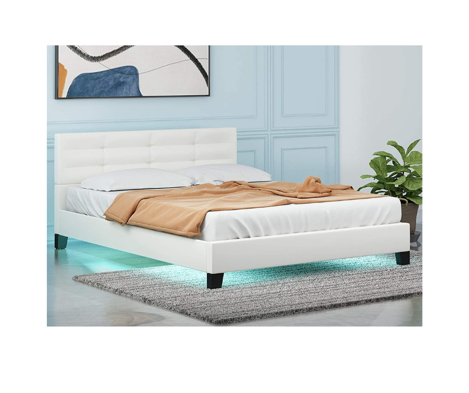 Modern Upholstered Faux Leather Bed Full White Top Notch