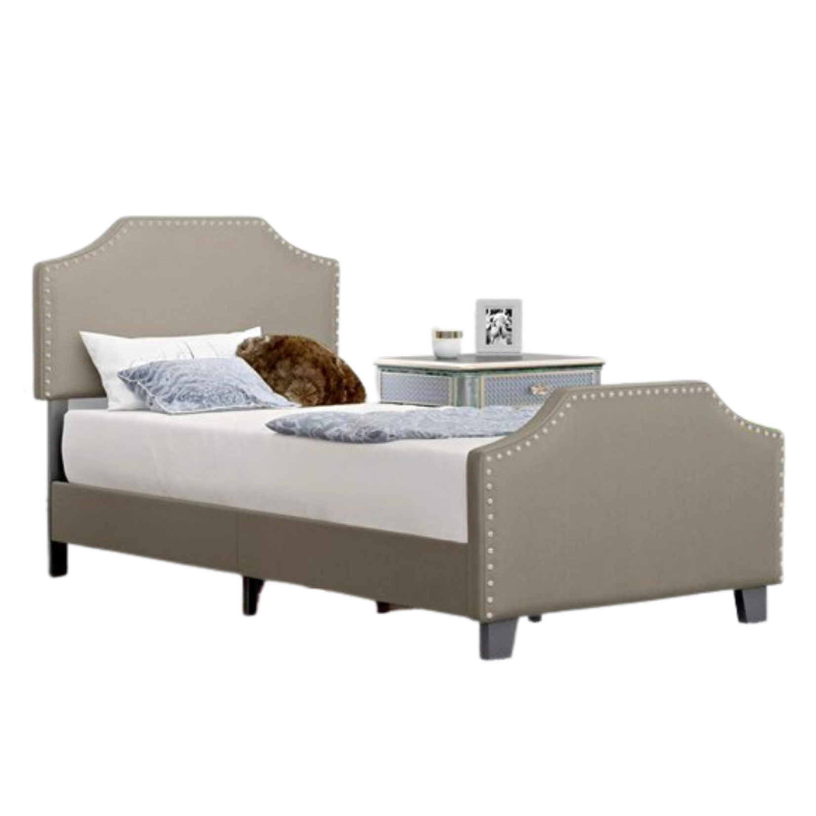 Mecor Upholstered Linen Platform Bed, Nailhead Trim - Twin - Khaki