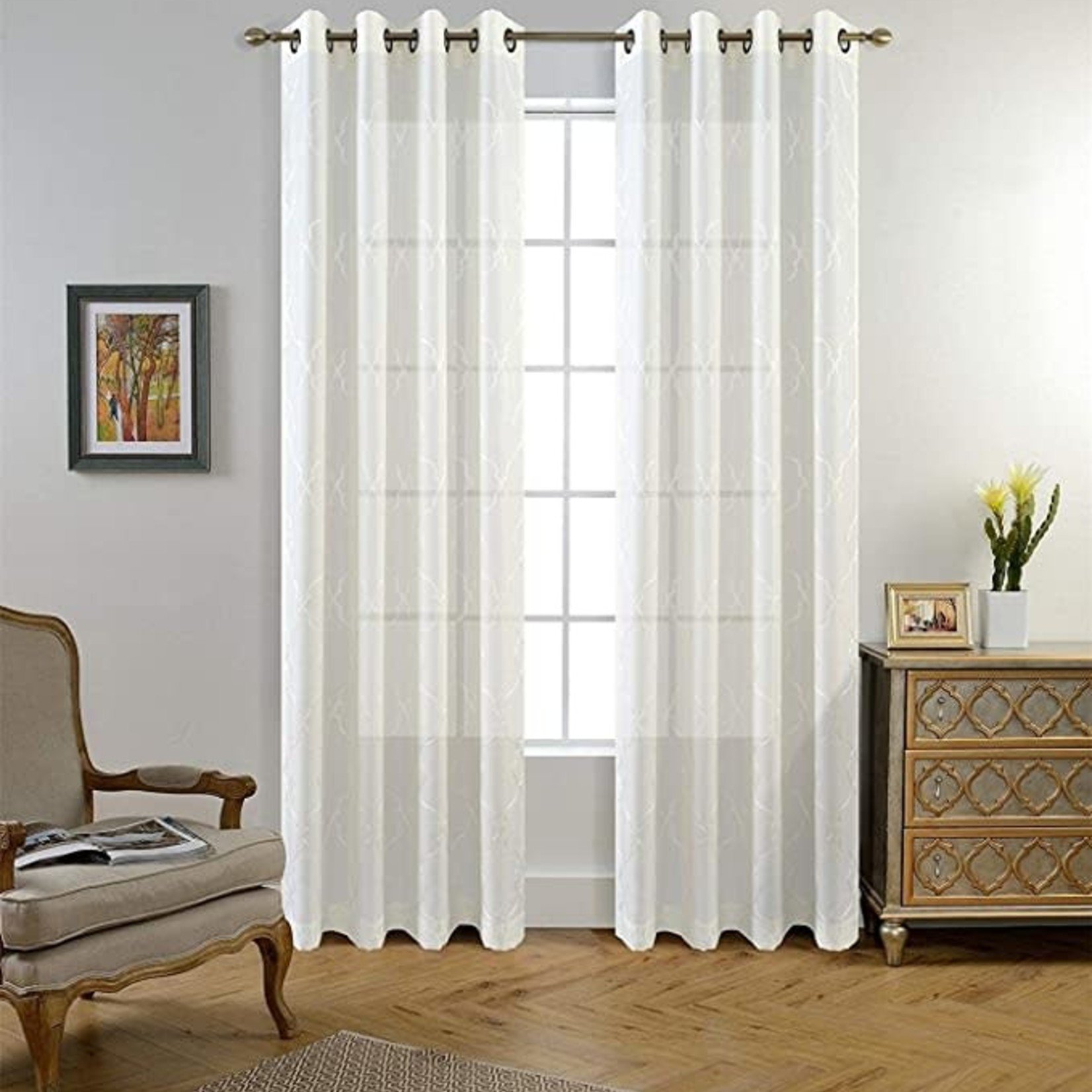 Miuco Embroidered Semi Sheer Curtains 2 Pc Set - 95 x 24 - White