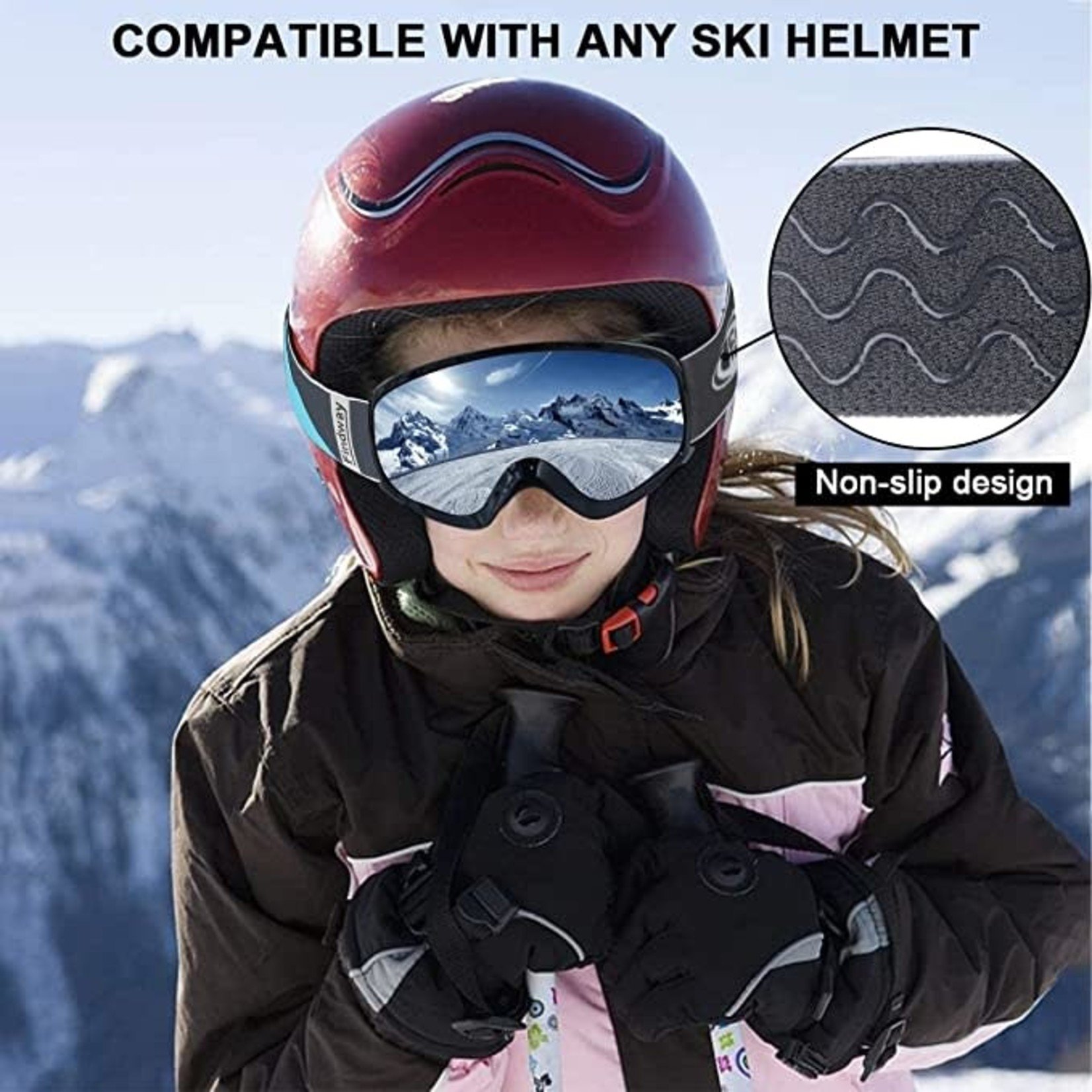 Findway Kids Ski Goggles- Age 3-14/ Black Frame Silver Lens