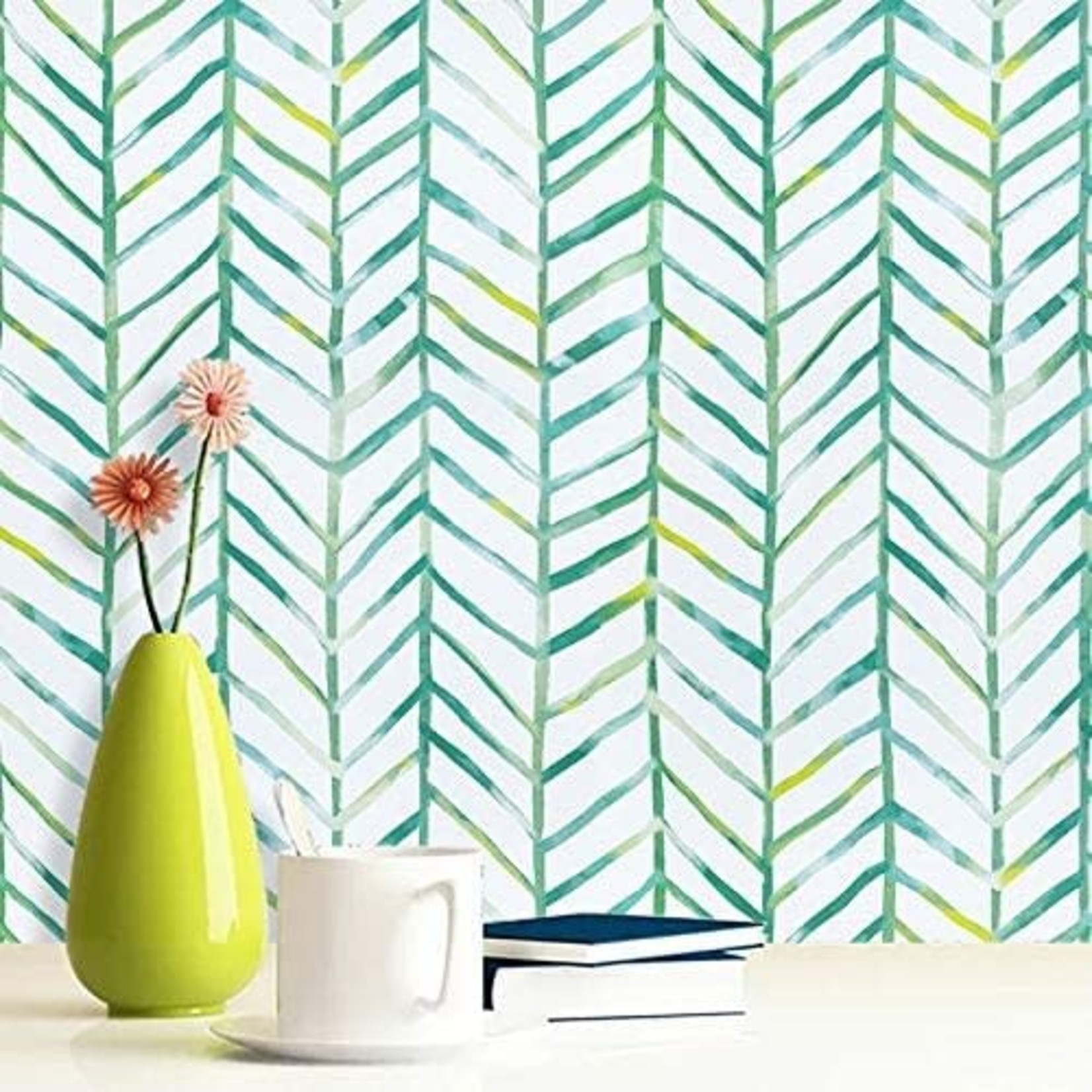 Peel And Stick Wallpaper(394"x17.7")- Green/ White Herringbone