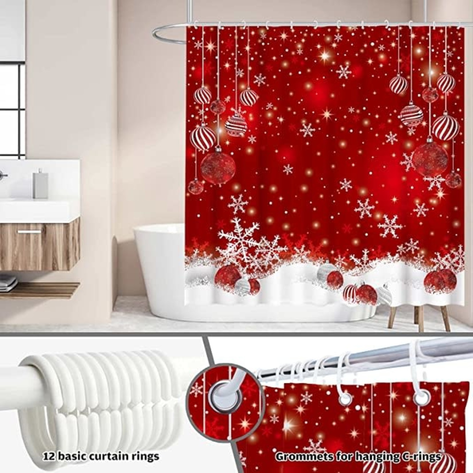 Red Christmas Snowflakes Shower Curtain Set with 12 Hooks