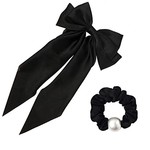 Kchies Long Bow Knot Clip & Pearl Silk Scrunchy Set- Black