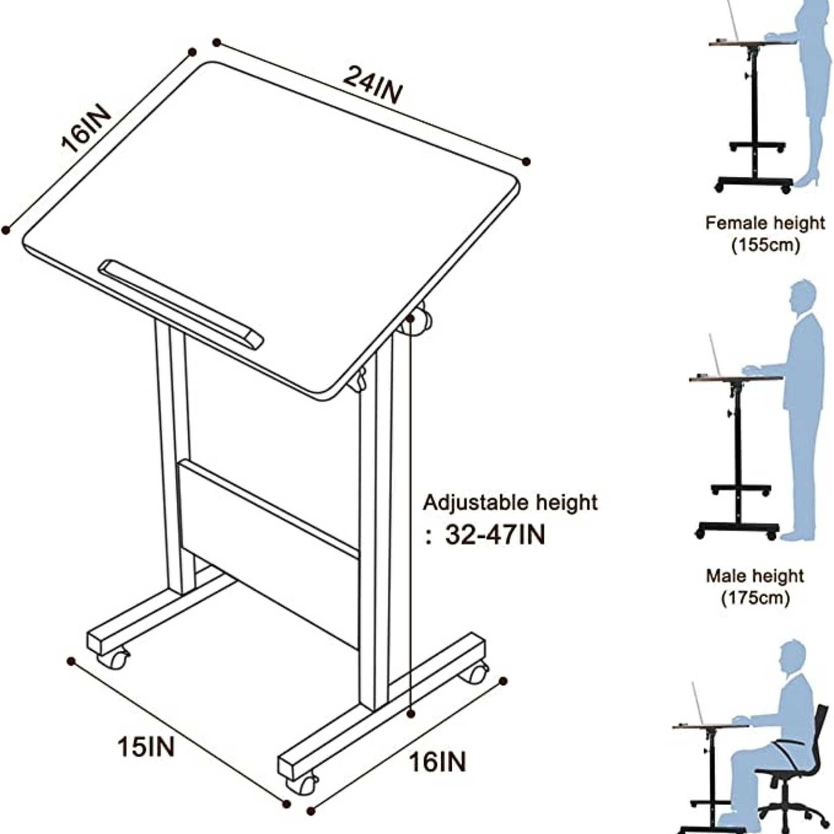 Buy KOUPA Height Adjustable Mobile Standing Desk 16×24 in,360