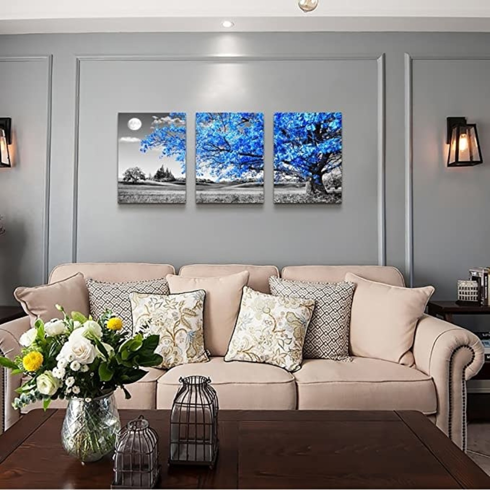 Tthwallart Wall Art- Painting- 3 Panels- Black White Blue
