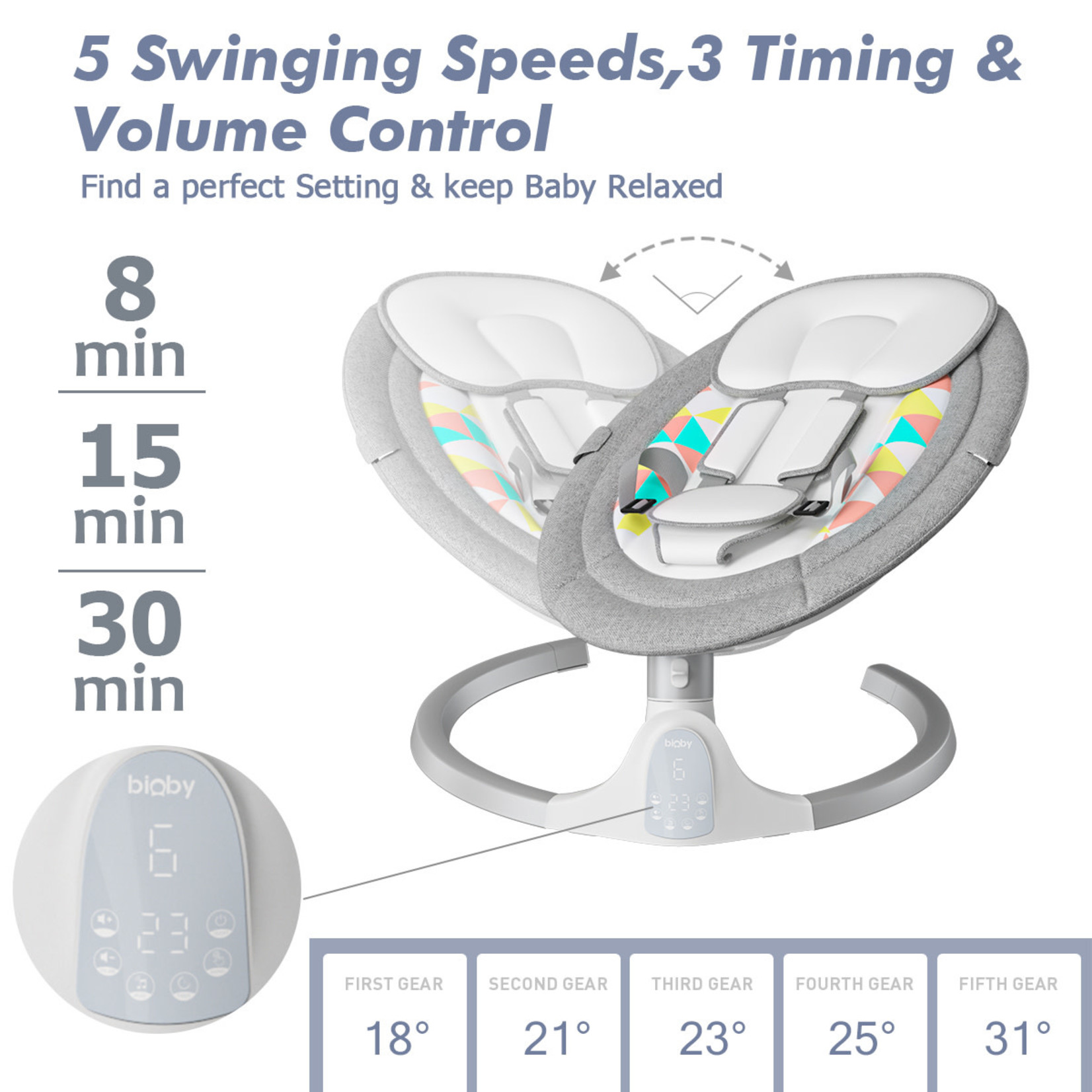 Bioby Baby Swing, Infant Bouncer Seat, Intelligence Timing 5 Gears Adjustment & Washable - Grey Multi Shapes