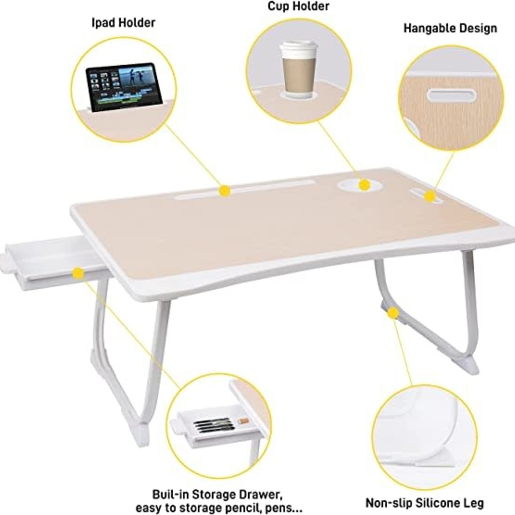 Amaredom Laptop Desk Table- Foldable- White Oak