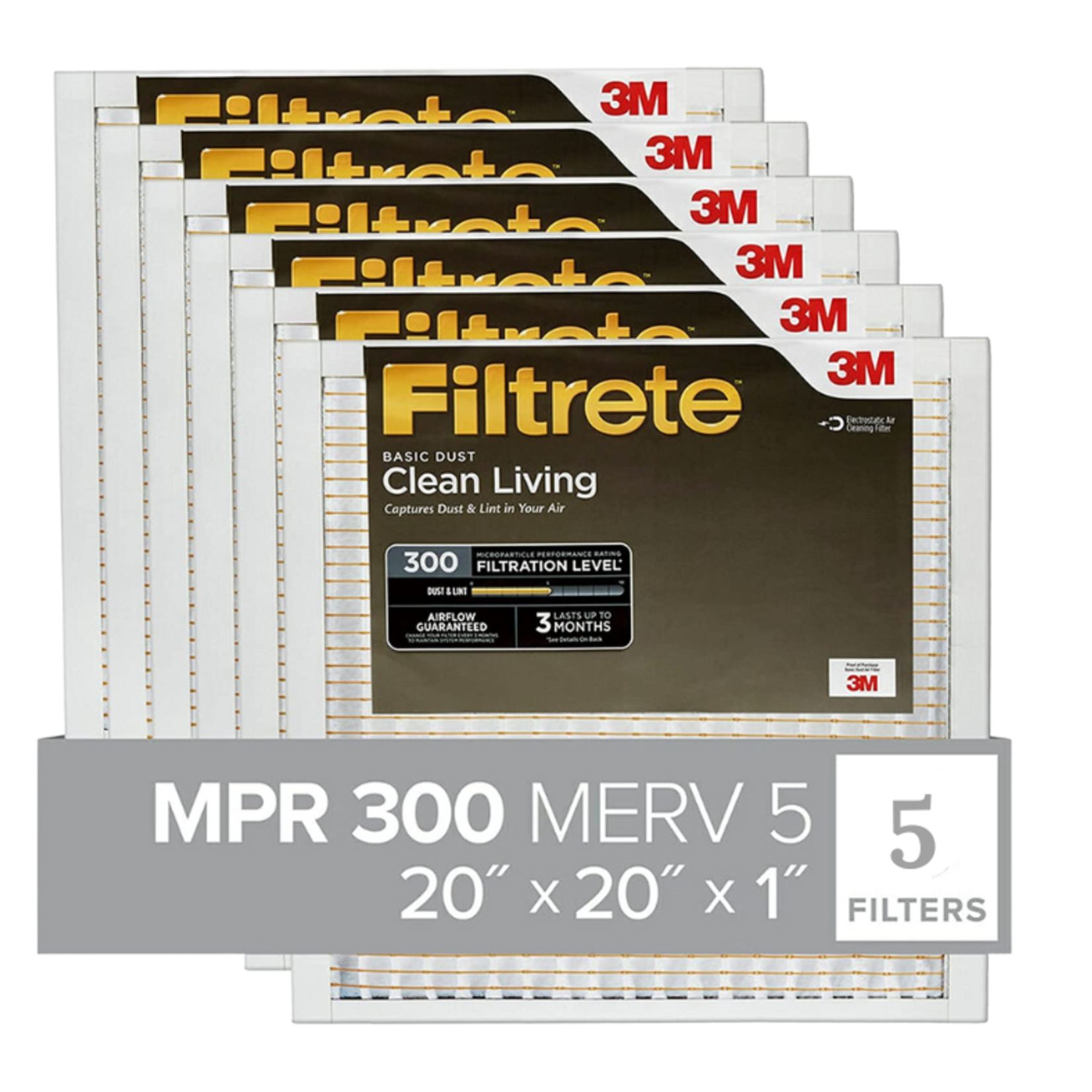 Filtrete Clean Living Basic Dust Filter, MPR 300, 20x20x1" 5-Pack