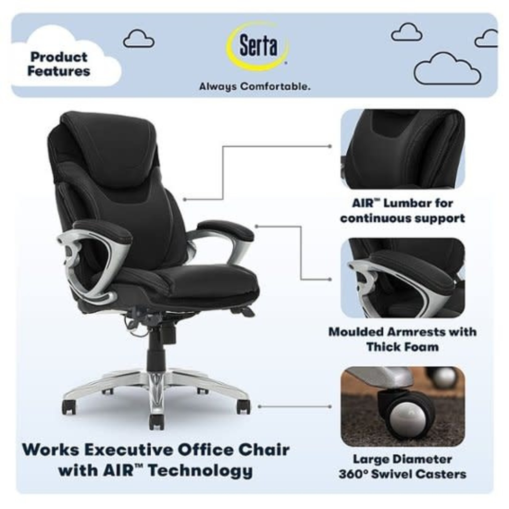 Serta Bryce Bonded Leather Executive Office Chair with AIR Technology - Black