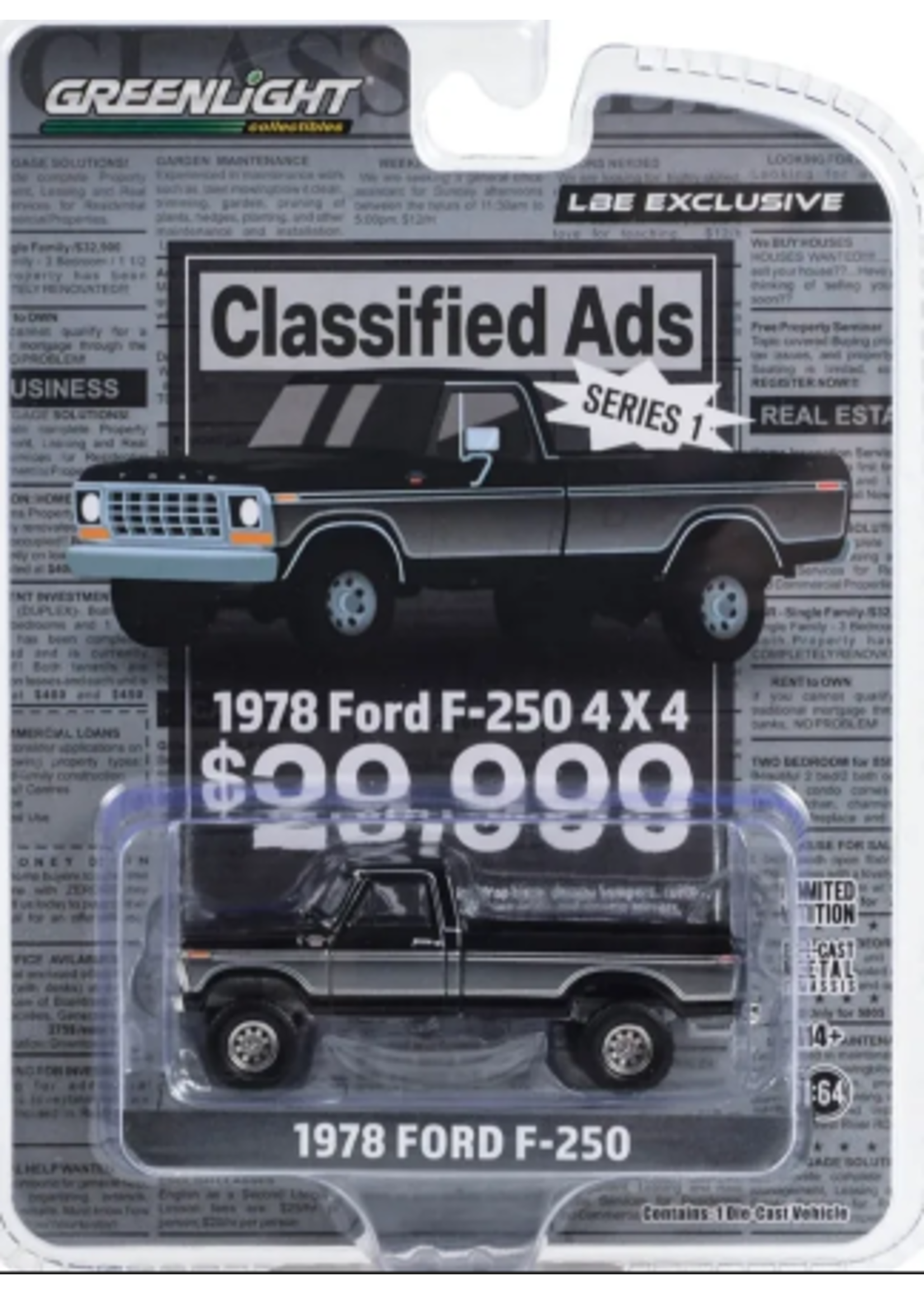 1/64 Classified Ads Series 1 LBE diecast Exclusive 1978 Ford F-250 Black  Truck Greenlight Toys - SNS Farm Toys