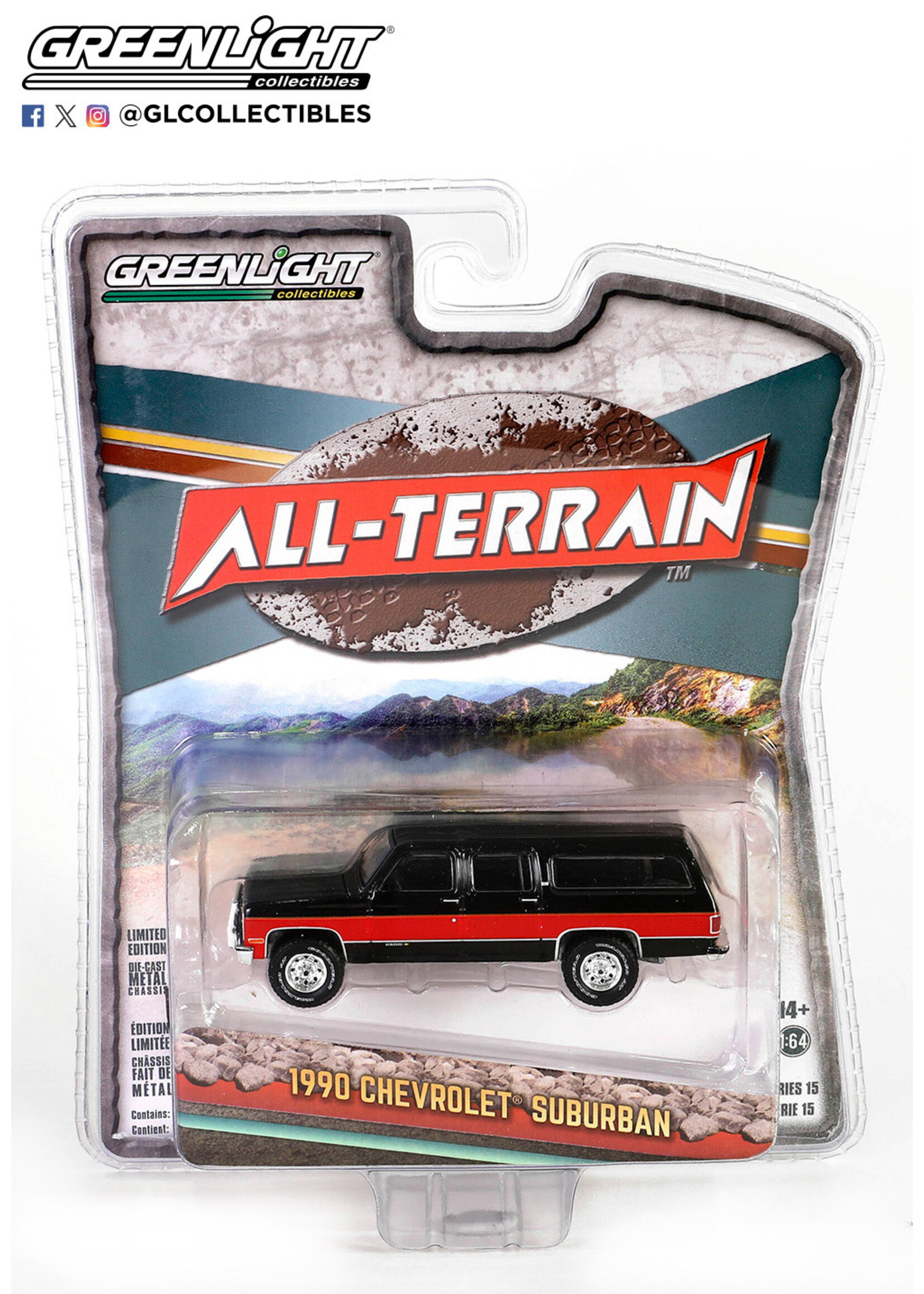 Greenlight 1/64 1990 Chevy Suburban Two-Tone Red and Black -All-Terrain Series 15