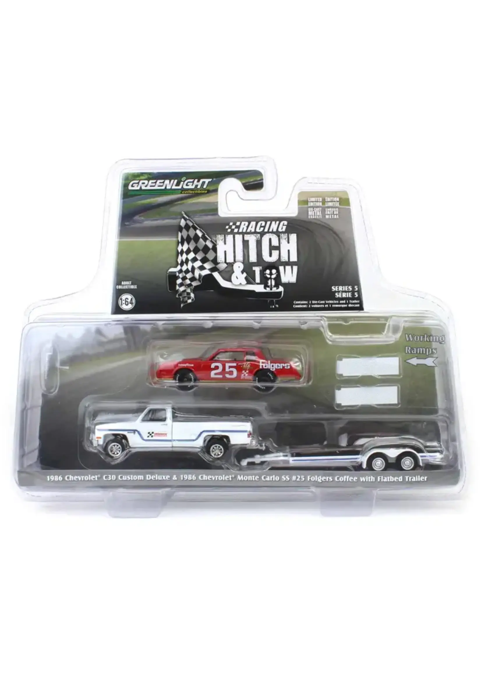 Chevrolet 1/64 1986 Chevrolet C30 Custom Deluxe with Flatbed Trailer & 1986 Monte Carlo SS, Racing Hitch & Tow Series 5