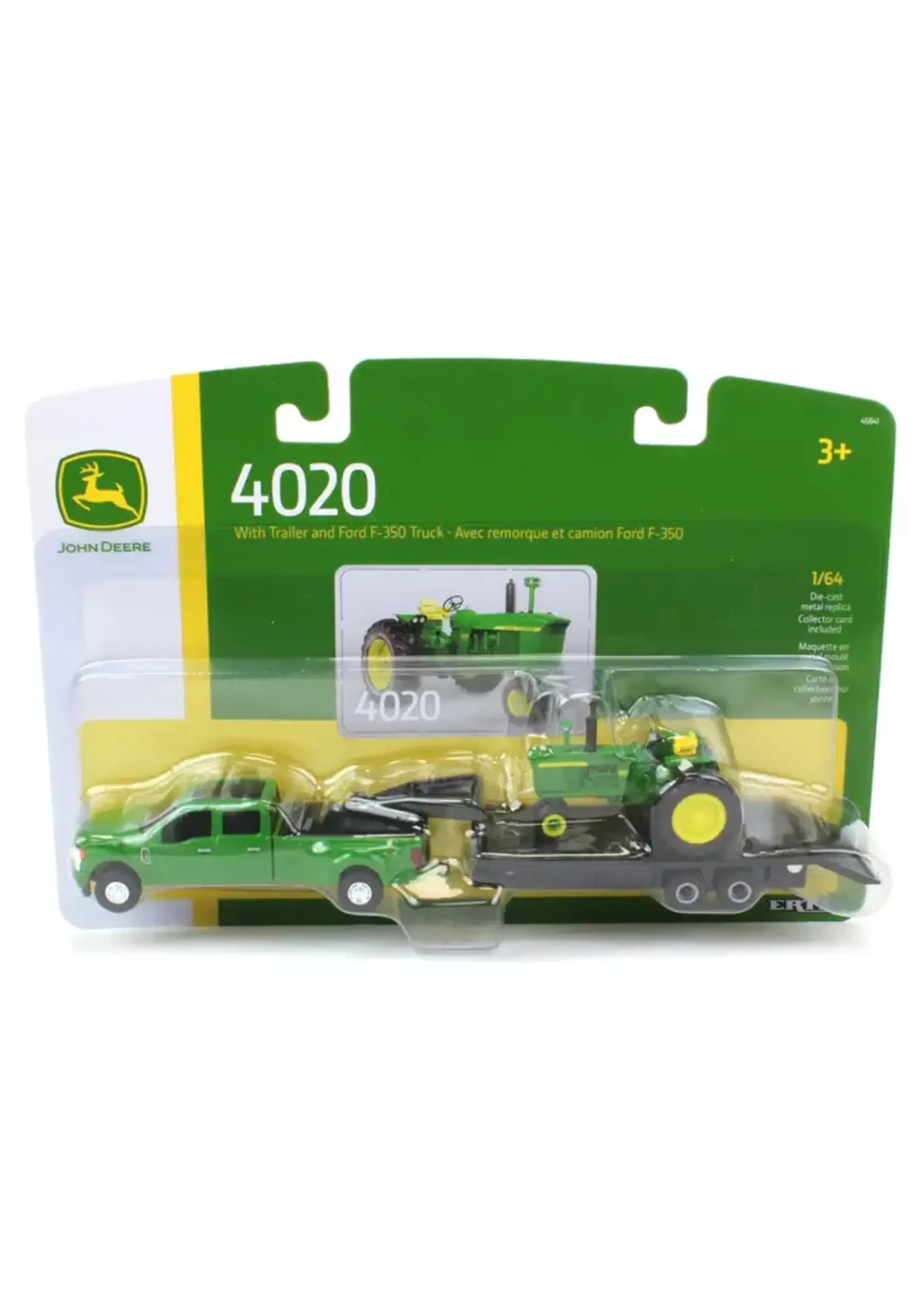 John Deere 1/64 Green Ford F-350 W/ Gooseneck Trailer & John Deere 4020 Narrow Front