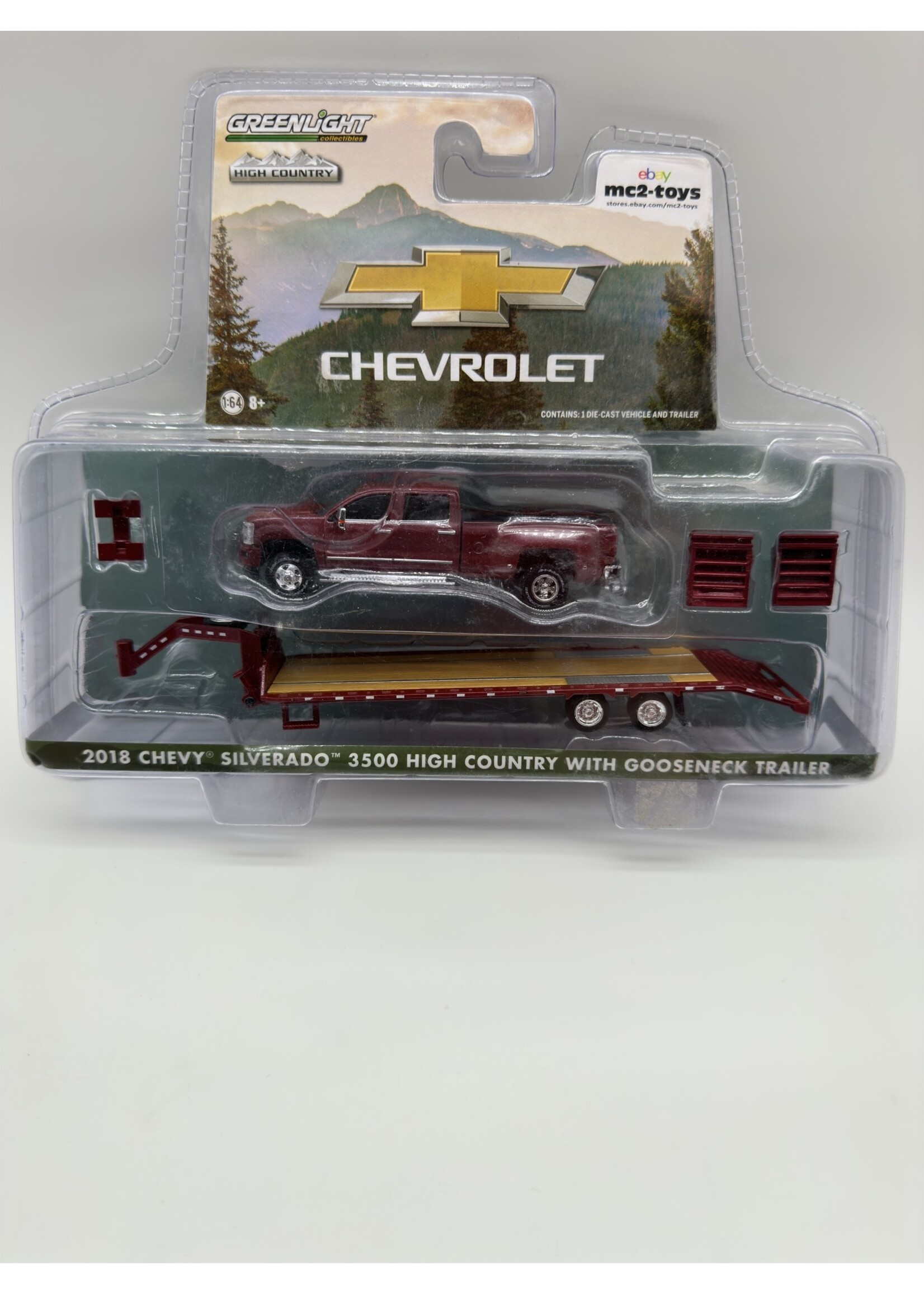 Chevrolet 1/64 Red 2018 Chevy Silverado 3500 High Country With Gooseneck Trailer