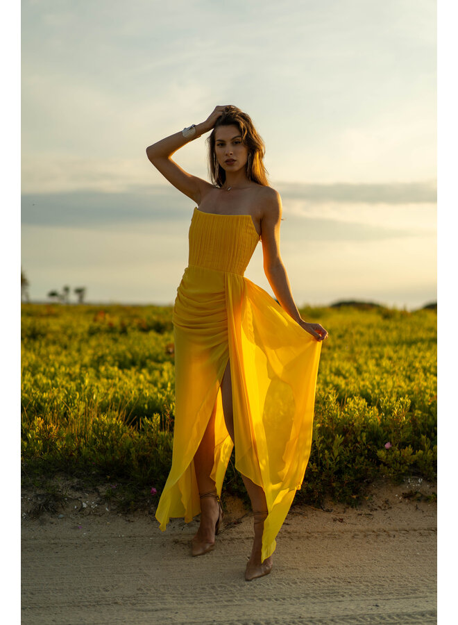 Strapless Draped Corset Maxi Silk Dress Yellow - Luxe Maxi Dresses