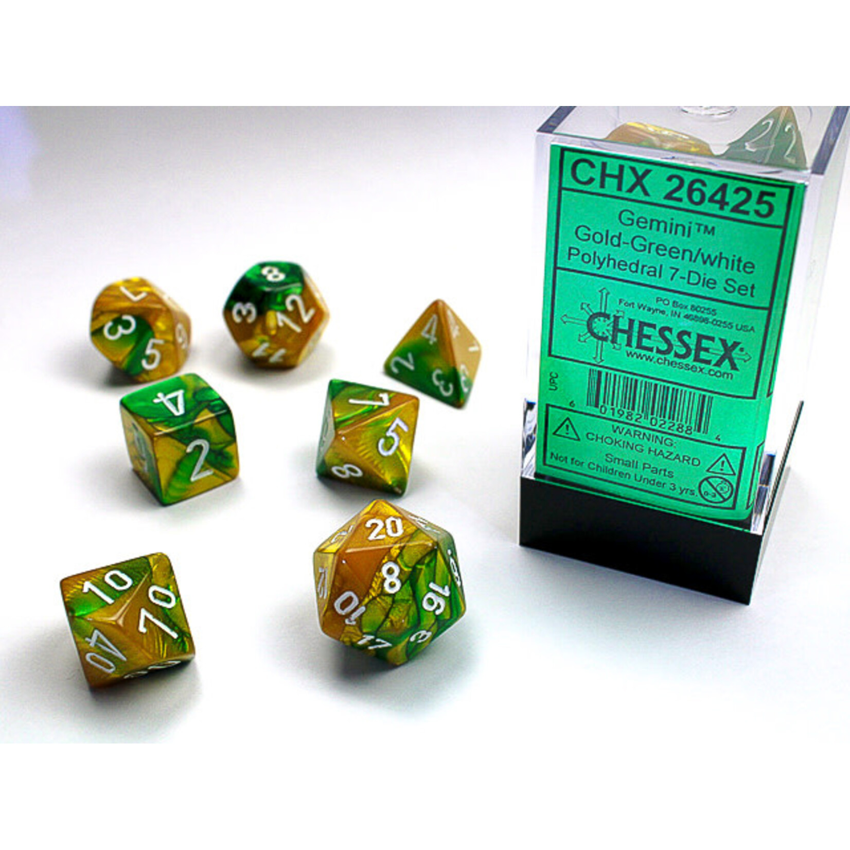 Gemini Gold-Green/white - Ensemble de 7 dés polyhédriques de Chessex