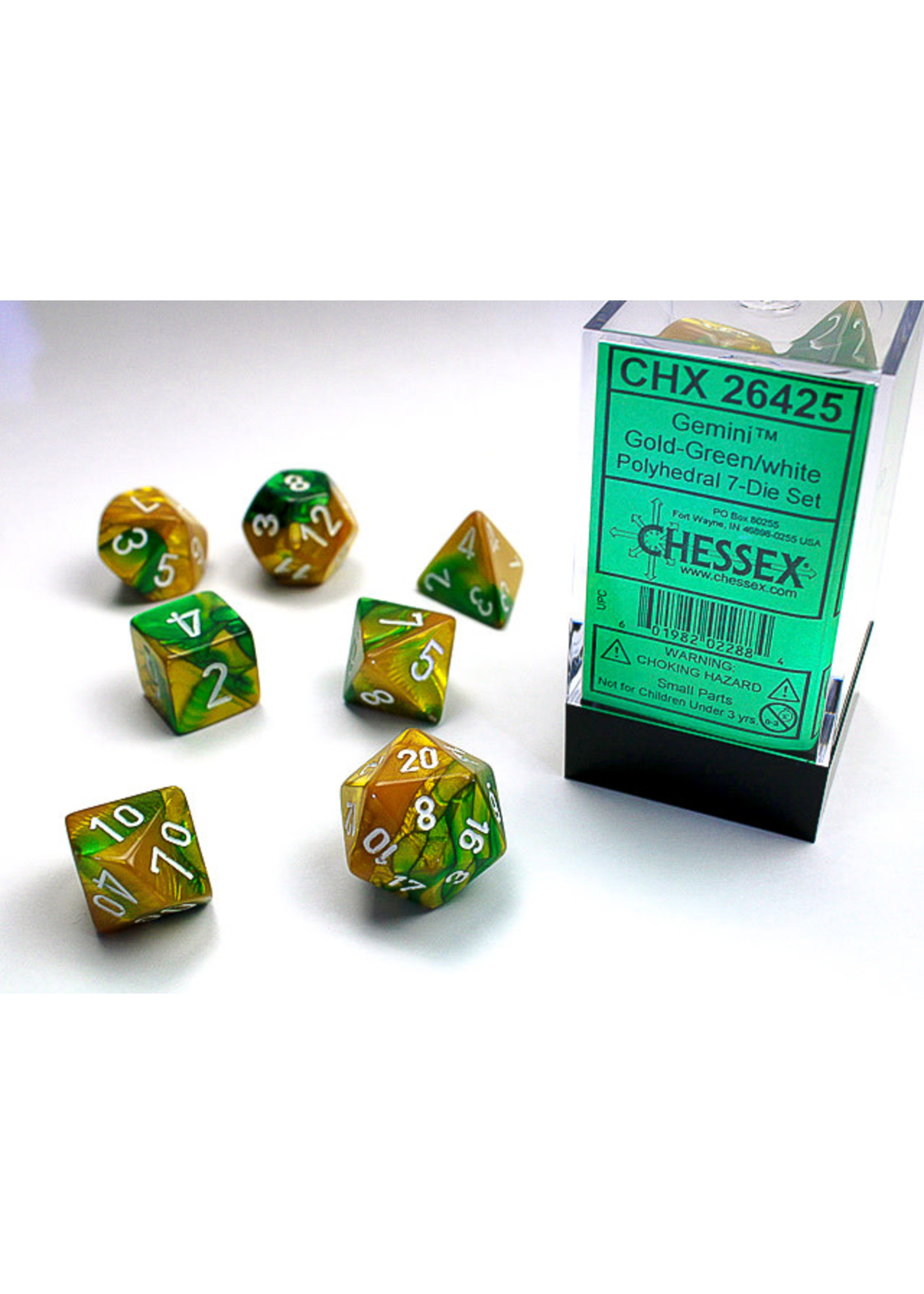 Chessex Gemini Gold-Green/white - Ensemble de 7 dés polyhédriques de Chessex